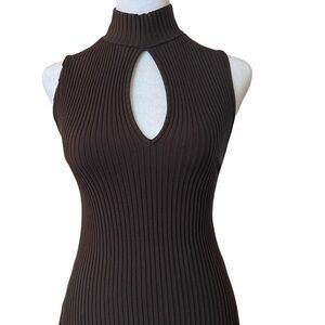 Zara Brown Bodycon Dress midi sleeveless ribbed keyhole front.